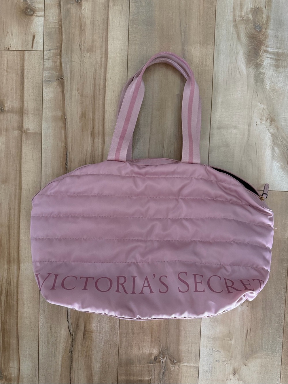 Victoria's Secret Pink Quilted Oval Tote with Striped Handles